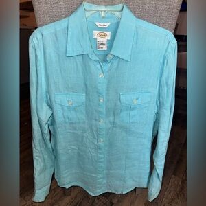 Talbots Vintage 100% Irish Linen Aqua Button Down Long Sleeve Top Size Large